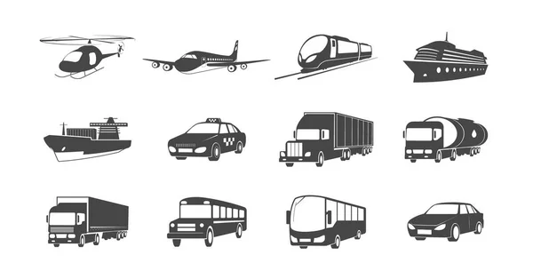 Set van transport symbolen. Helikopter, vliegtuig, trein, vrachtschip en meer. — Stockvector