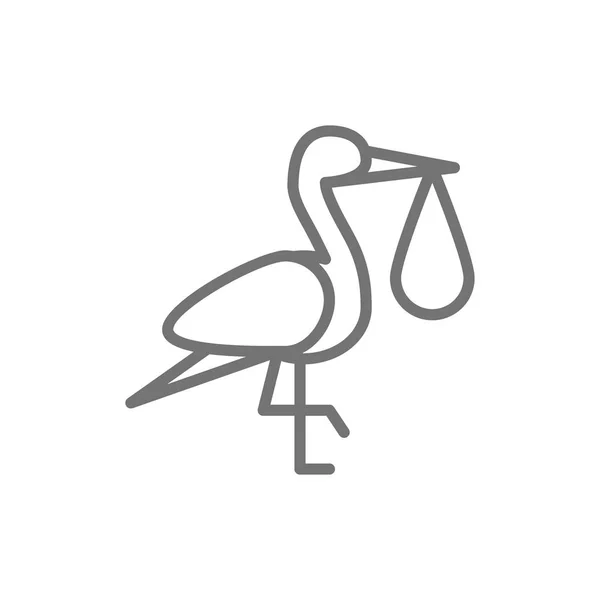 Pájaro grúa con bolsa de bebé, icono de la línea de cigüeña . — Archivo Imágenes Vectoriales