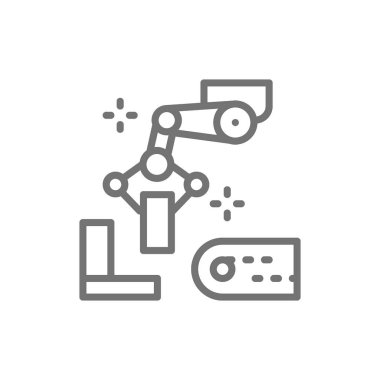 Metal parçalarile robotik manipülatör kolu, metalurji üretim hattı simgesi.