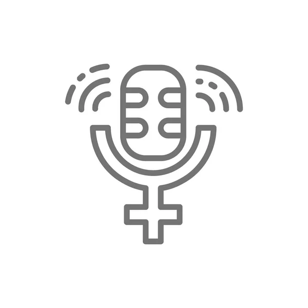 Microphone with gender female symbol, public speech line icon. — Stock Vector