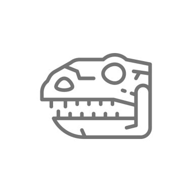 Tyrannosaurus kafatası, t-rex kafası, dinozor kemikleri, tarih öncesi zaman çizgisi simgesi.