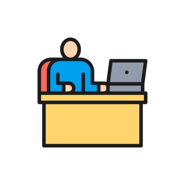 Vektör adam işyerinde, ofis çalışma, patron düz renk çizgi simgesi.