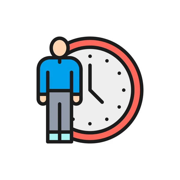Vetor humano com relógio, gerenciamento de tempo ícone de linha de cor plana . —  Vetores de Stock