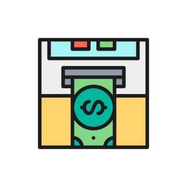 Vektör eklemek kredi kartı, banka Atm, nakit dispenseri düz renk çizgisi simgesi.