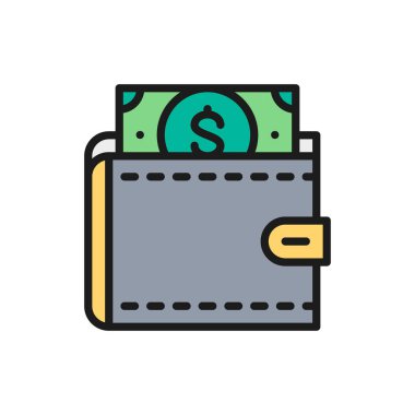 Dolar ile Vektör cüzdan, para dan tasarruf, düz renk çizgisi simgesi yatırım.