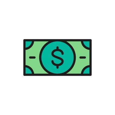 Vektör para, nakit, dolar, banknot düz renk çizgi simgesi.