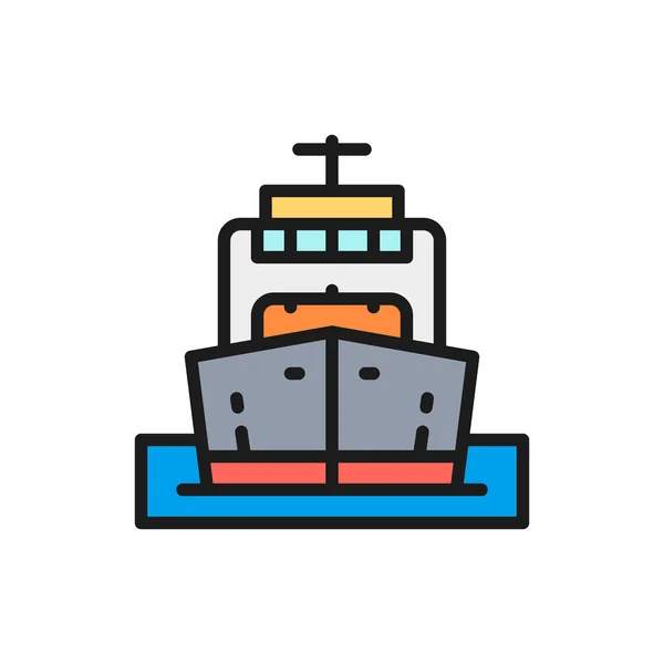 Buque de carga vectorial, barco, transporte de petróleo, crucero icono de línea de color plano . — Archivo Imágenes Vectoriales