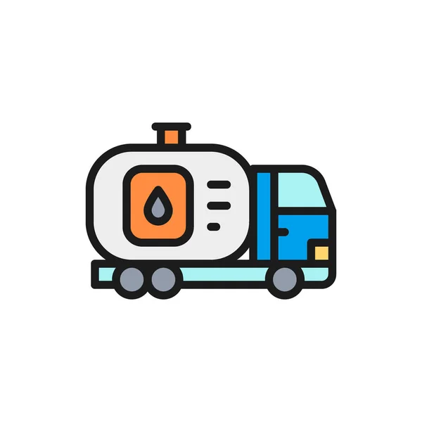 Vector fuel truck, car with oil tank, water transfer flat color line icon. — Stock Vector