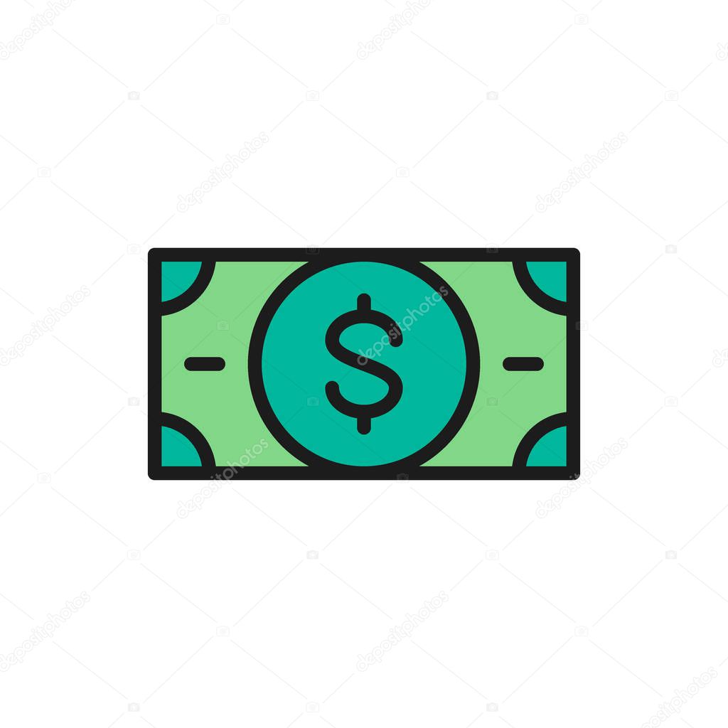 Vector money, cash, dollar, banknote flat color line icon.