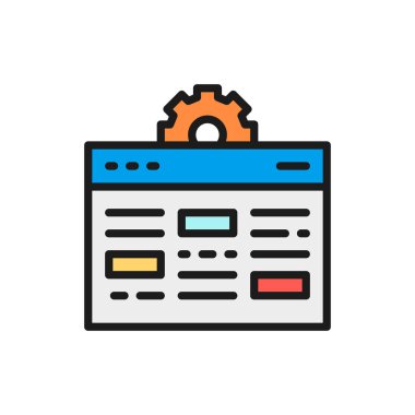 Dişli ile Vektör web sayfası, internet geliştirme, seo düz renk çizgisi simgesi.