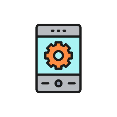Dişli vektör telefon, akıllı telefon onarım, geliştirme düz renk çizgisi simgesi.