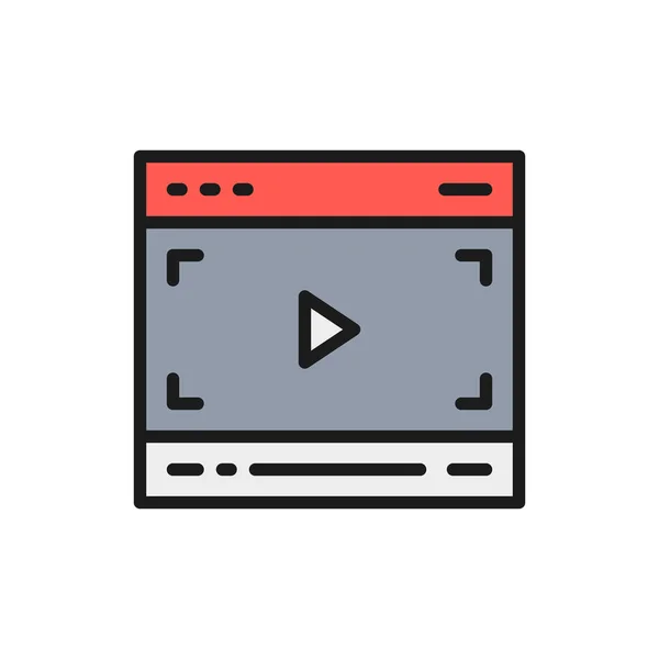 Vector reproductor de vídeo en el navegador, página multimedia icono de línea plana de color . — Archivo Imágenes Vectoriales