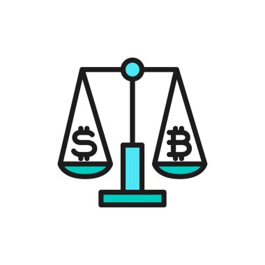 Dolar ve Bitcoin işareti ile ölçekler, cryptocurrency değişimi düz renk simgesi.