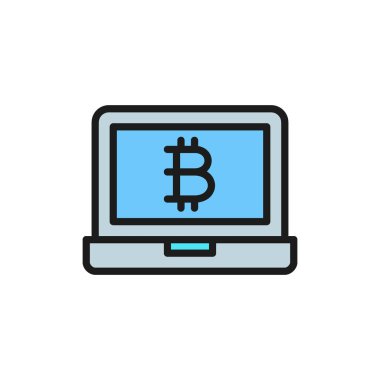 Bitcoin işareti ile laptop ekran, Blockchain düz renk simgesi.