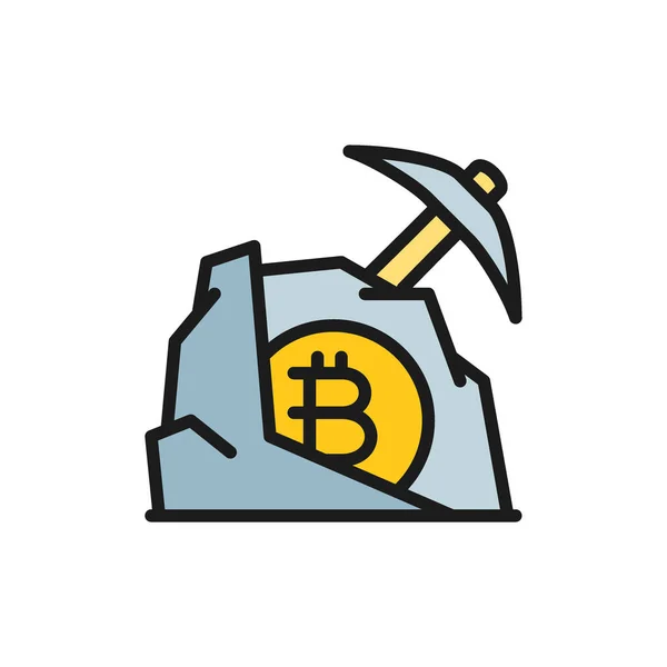 Pioche avec Bitcoin pierre, blockchain, icône de couleur plate crypto-monnaie . — Image vectorielle