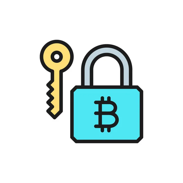 比特币锁与钥匙,加密货币,区块链平面颜色图标. — 图库矢量图片