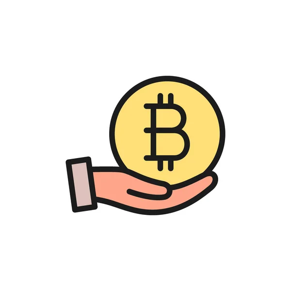 Tangan dengan koin bitcoin, ikon warna datar cryptocurrency . - Stok Vektor