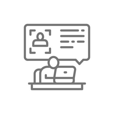 Bilgisayarbaşında adam bir özgeçmiş, kimlik doğrulama satırı simgesi okur.