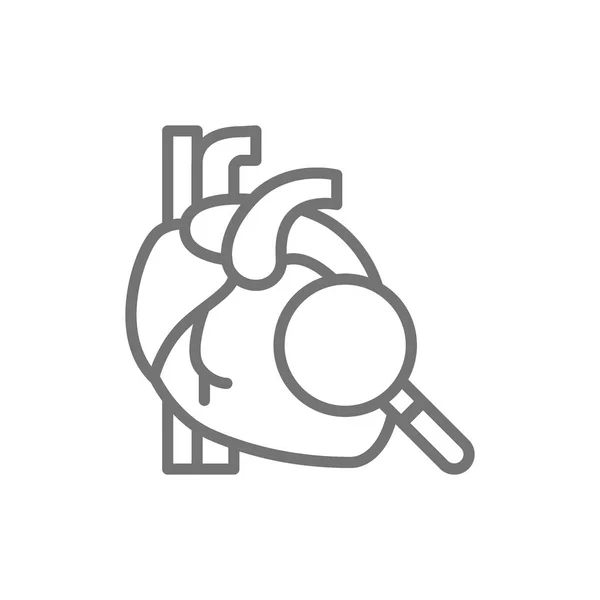 Loupe con cuore, icona della linea di controllo del cuore . — Vettoriale Stock