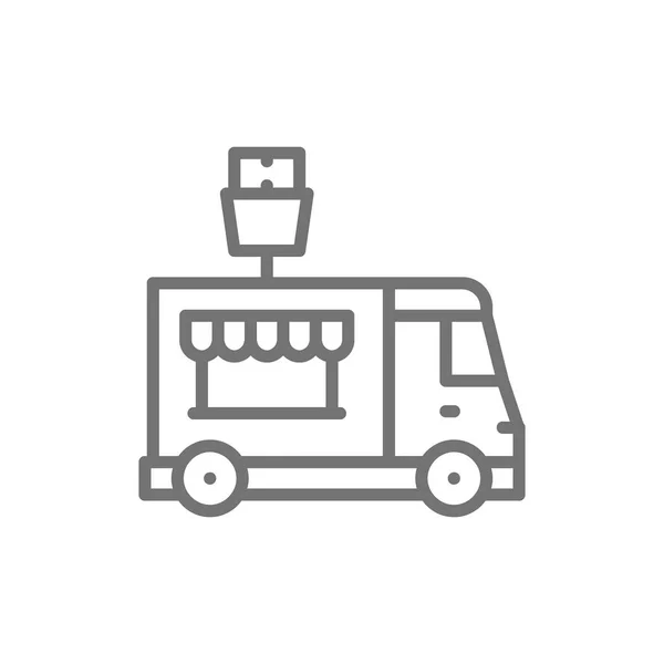 Camión de papas fritas, icono de la línea de vehículos de comida rápida . — Vector de stock