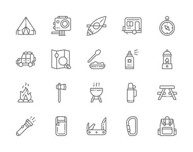Kamp Hattı Simgeleri kümesi. Barbekü, Kano, Römork, Jackknife, Gaz Lambası ve daha fazlası.