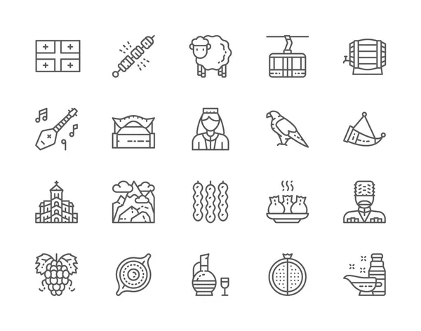 Set de iconos de la línea de cultura georgiana. Personas con disfraces étnicos, dulces y más . — Vector de stock