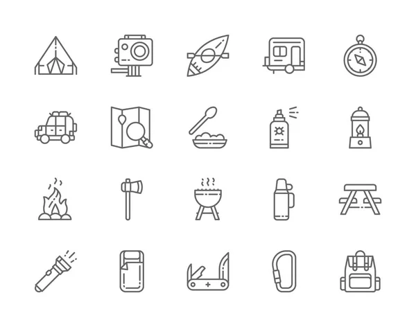 Eine Reihe von Symbolen für die Campinglinie. Grill, Kanu, Anhänger, Messer, Gaslampe und mehr. — Stockvektor