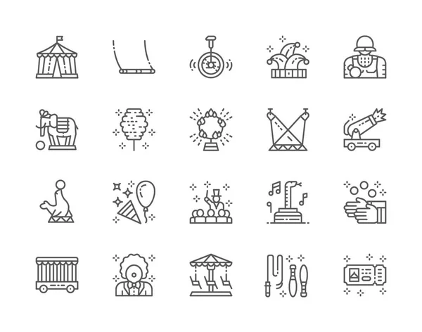 Set of Circus Line Icons. Clown, Swing, Unicycle, Jester Hat, Elephant and more. — Stock Vector