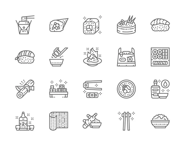 Conjunto de iconos de la línea de comida japonesa. Jengibre, Temaki, Nigiri, Wasabi, Soja y más . — Vector de stock