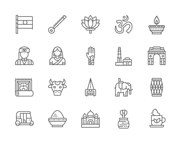 Készlet indiai kultúra vonal ikonok. Elefánt, tuk tuk Car, Cobra, szitár és több. — Stock Vector