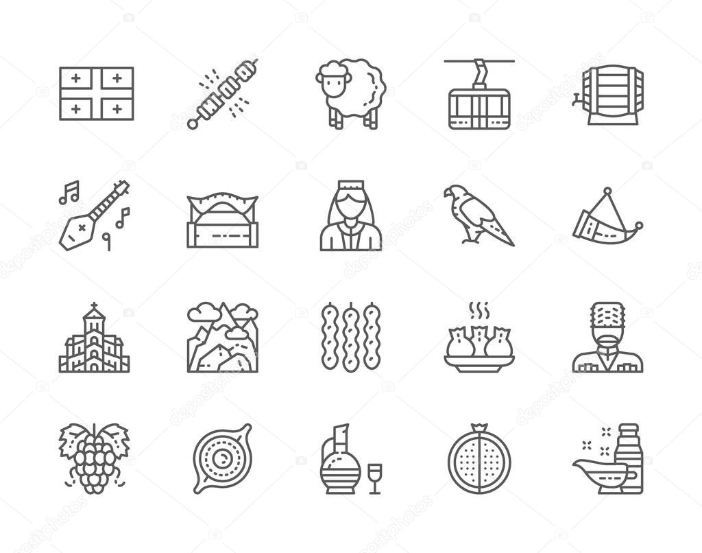 Set of Georgian Culture Line Icons. People in Ethnic Costume, Sweets and more.