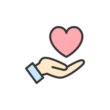 Vektör el kalp tutar, bakım, iyilik sadaka, bağış düz renk çizgi simgesi.