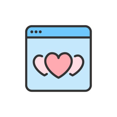 Tarayıcıda Vektör kalpleri, favori web sitesi, olumlu geribildirim renk çizgisi simgesi.