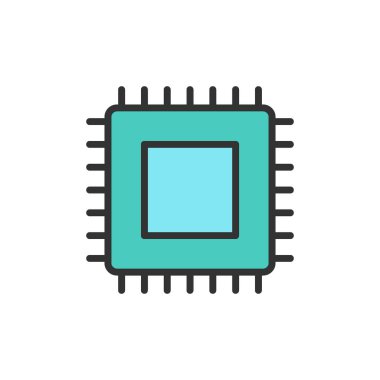 Vektör Cpu mikroişlemci, bilgisayar çipi düz renk çizgisi simgesi.