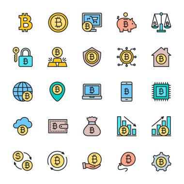 Bitcoin ve Cryptocurrency Düz Renk Simgeleri kümesi. 48x48 Piksel Simgeli Paket