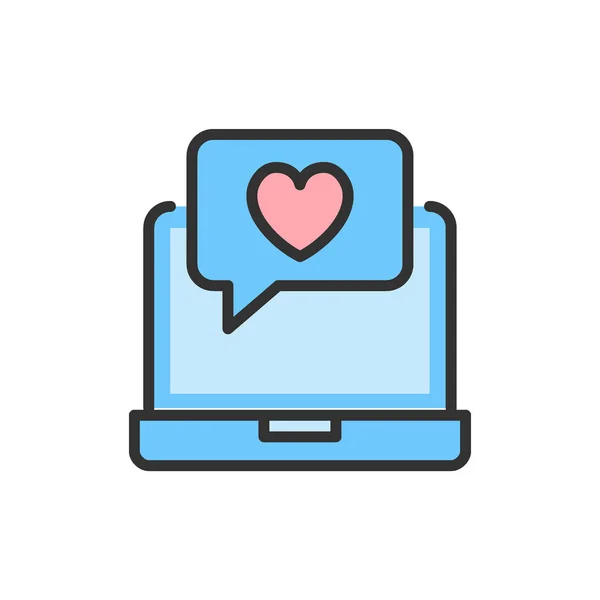 Ordinateur portable vectoriel avec bulle cardiaque, chat d'amour, icône de ligne de couleur de rétroaction positive . — Image vectorielle