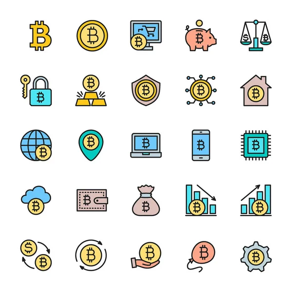 Set of Bitcoin and Cryptocurrency Flat Color Icons. Pack of 48x48 Pixel Icons — Stock Vector
