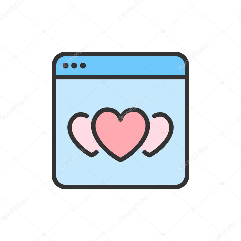Vector hearts in browser, favorite website, positive feedback color line icon.
