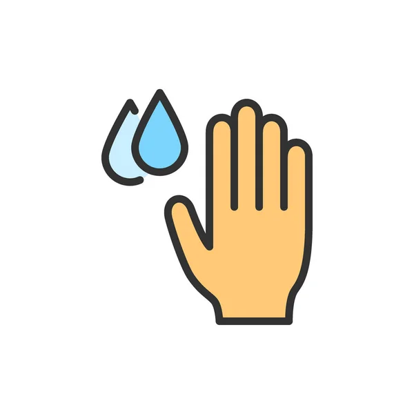 Vector kézzel vízcseppek, higiénia, mosás kezek lapos színes vonal ikonja. — Stock Vector