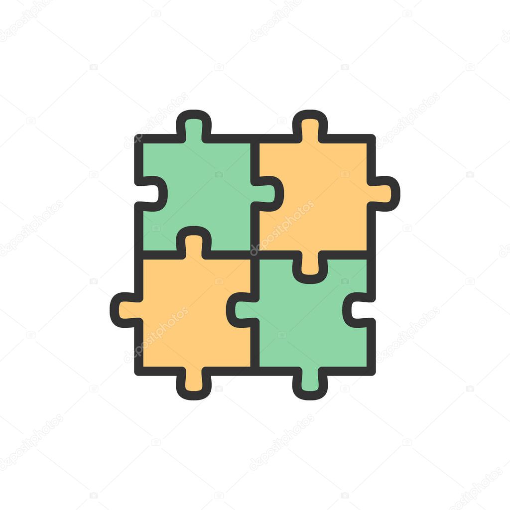 Vector puzzle, jigsaw, square, integrity, problem solving flat color line icon.