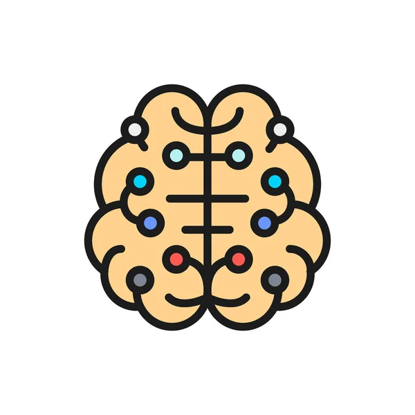 Artificial intelligence brain, connected to circuit board flat color line icon.