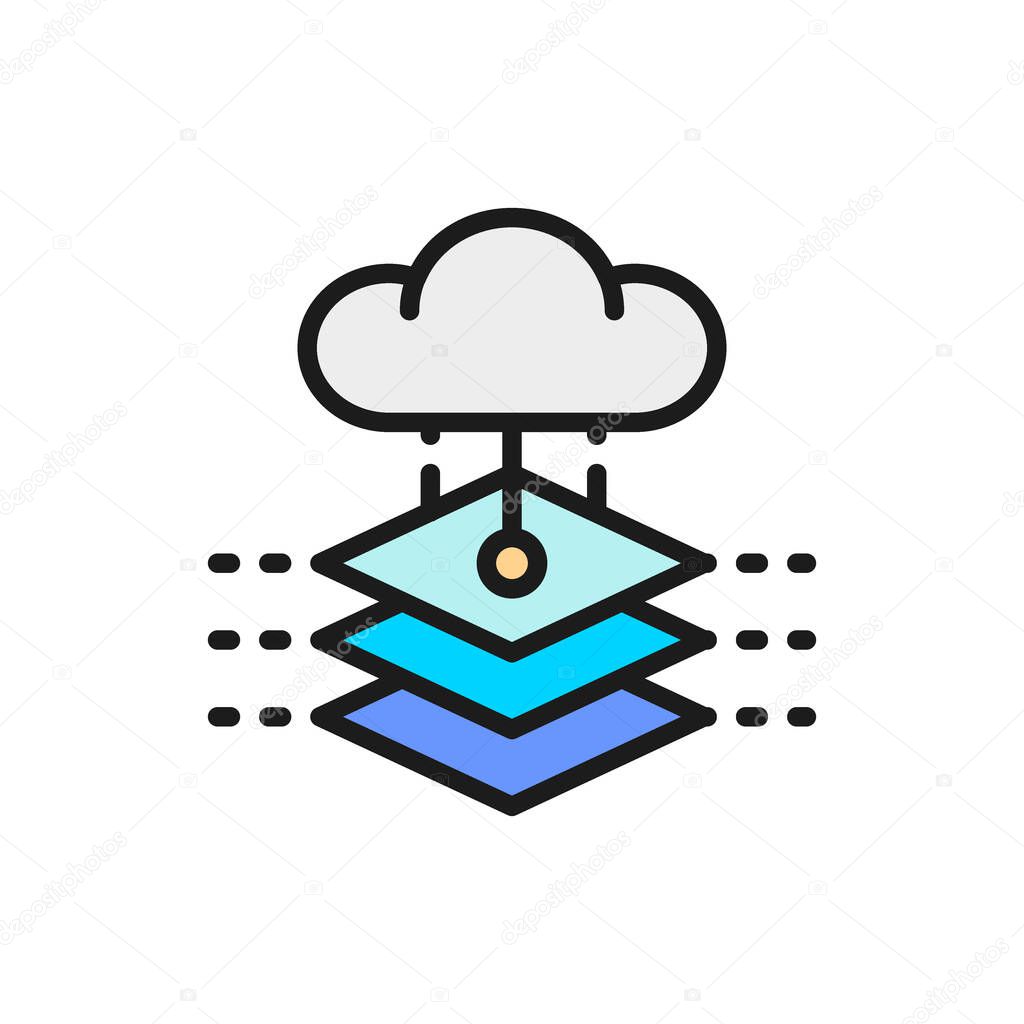 Cloud with artificial intelligence server, database, big data color line icon.