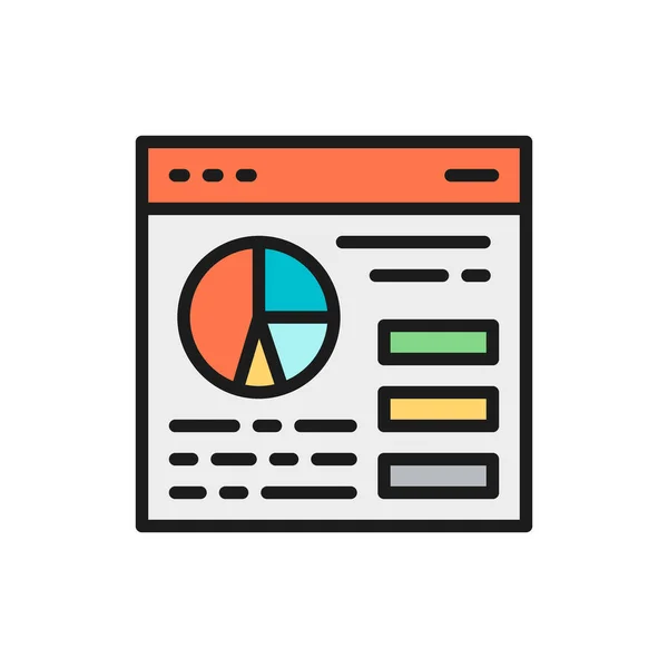 Browser-Statistiken, Website-Traffic, Webseite mit Diagrammkuchen flache Farblinie Symbol — Stockvektor