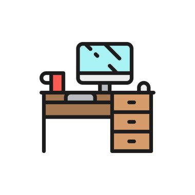 Bilgisayar masası, işyeri düz çizgi simgesi.