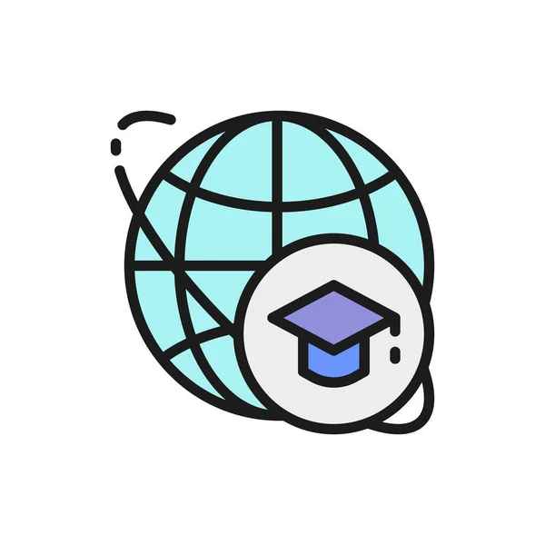 Casquette de fin d'études et du monde, icône de ligne de couleur plate éducation mondiale . — Image vectorielle