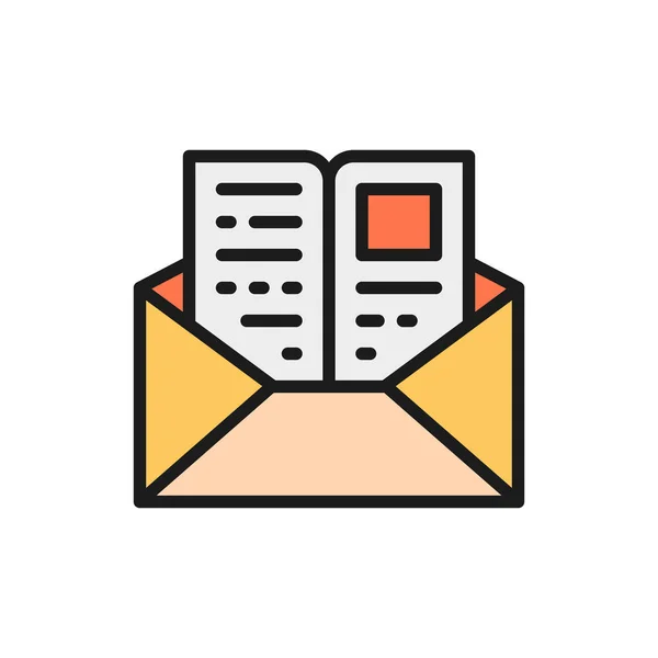 Carta con una página, invitación a estudiar, sobre de correo plano icono de línea de color . — Vector de stock