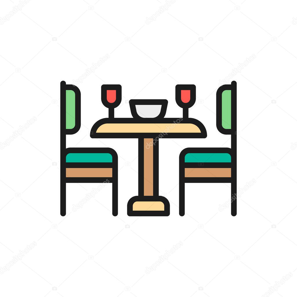 Kitchen table and chairs flat color line icon.