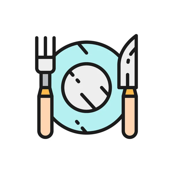 Cutlery, plate with fork and knife flat color line icon. — Stock Vector