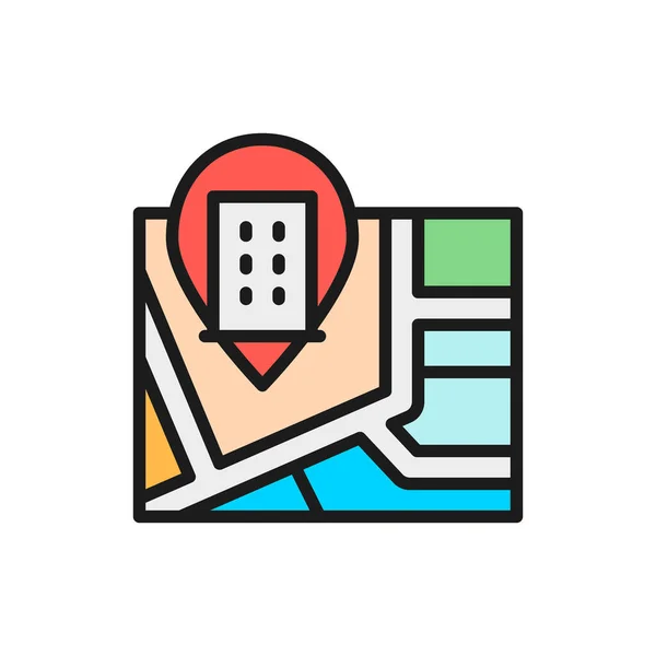 Mapa con hotel pin mark flat color line icon . — Archivo Imágenes Vectoriales