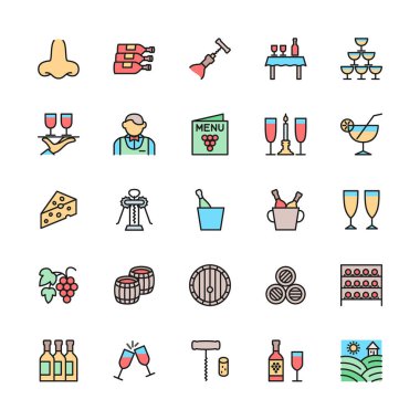 Şarap Rengi Çizgisi Simgeleri. Alkol, Kokteyl, Tirbuşon, Garson ve daha fazlası.
